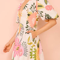 Puff Sleeve Floral Print Pocketed Mini Dress