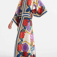Exquisite Floral Print Draped Waterfall Sleeves Maxi Dress