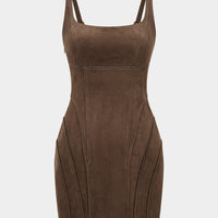 Suede Square Neck Tie Back Sleeveless Mini Dress