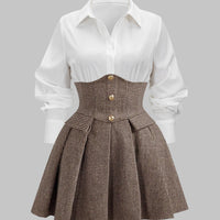 Houndstooth Print Patchwork Pleated High Waist Long-Sleeve Mini Dress