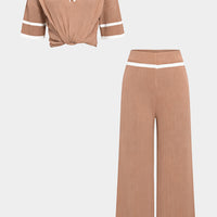 Knit Contrast Binding Lapel Short-Sleeve Top And Wide Leg Pants Set