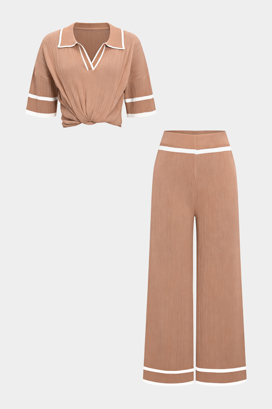 Knit Contrast Binding Lapel Short-Sleeve Top And Wide Leg Pants Set