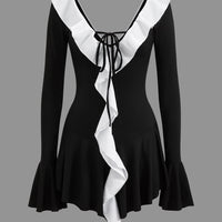 Contrast Ruffle Neck Bell Sleeve Tie Front Mini Dress