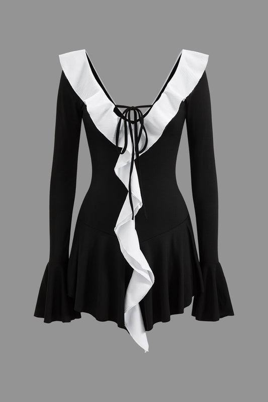 Contrast Ruffle Neck Bell Sleeve Tie Front Mini Dress