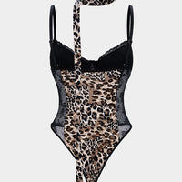 Leopard Print Sheer Lace Trim Sleeveless Bodysuit