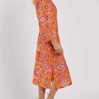 Stand Collar Printed Midi Dress