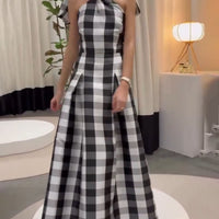 Classic Plaid Print Halter Neck Maxi Dress