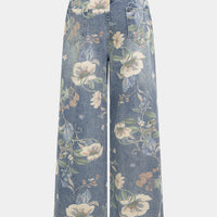 Denim Floral Print High Waist Straight Leg Jeans