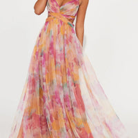 Elegant Painted Floral Print V-Neck A-Line Maxi Dress