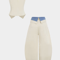 Denim Button Vest And Contrast Drawstring Barrel Trousers Set