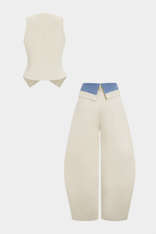 Denim Button Vest And Contrast Drawstring Barrel Trousers Set