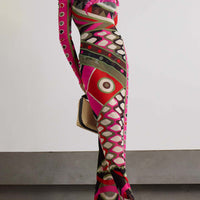 Retro Personality Abstract Print Hip-Wrapped Maxi Dress