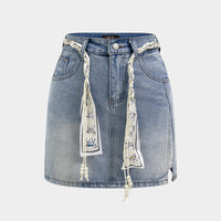Denim Belted Beaded Skirt