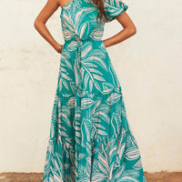 Off-Shoulder Palm Leaf Print Holiday Style Floral Dress