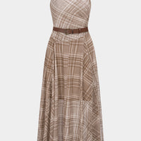 Plaid Print Mesh Twist Knot Round Neck Belted Sleeveless Midi Dress