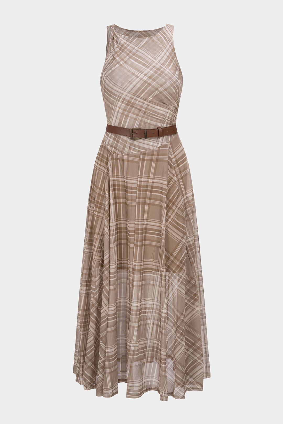 Plaid Print Mesh Twist Knot Round Neck Belted Sleeveless Midi Dress