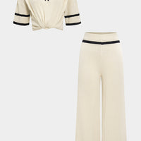Knit Contrast Binding Lapel Short-Sleeve Top And Wide Leg Pants Set