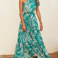 Off-Shoulder Palm Leaf Print Holiday Style Floral Dress