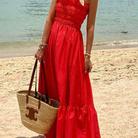 Off Shoulder Smocked Bust Vacation Maxi Dress