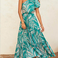 Off-Shoulder Palm Leaf Print Holiday Style Floral Dress