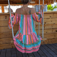 Ethnic Print Linen Blend Off Shoulder Loose Mini Dress