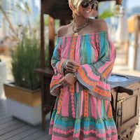 Ethnic Print Linen Blend Off Shoulder Loose Mini Dress