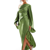 Green Asymmetrical Hem Satin Maxi Dress