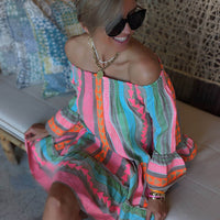 Ethnic Print Linen Blend Off Shoulder Loose Mini Dress