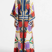 Exquisite Floral Print Draped Waterfall Sleeves Maxi Dress