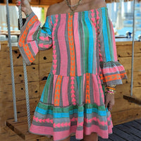 Ethnic Print Linen Blend Off Shoulder Loose Mini Dress
