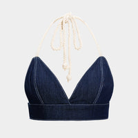 Denim Halter Neck Tie-Up Backless Crop Top