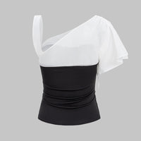 Patchwork Faux Leather Asymmetrical Short-Sleeve Shirt