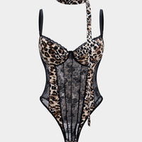 Leopard Print Sheer Lace Trim Sleeveless Bodysuit