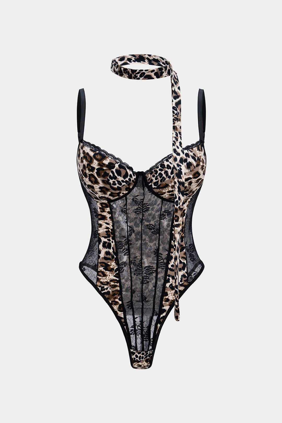 Leopard Print Sheer Lace Trim Sleeveless Bodysuit