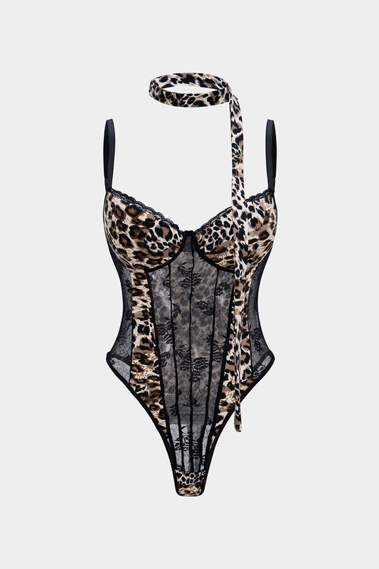 Leopard Print Sheer Lace Trim Sleeveless Bodysuit