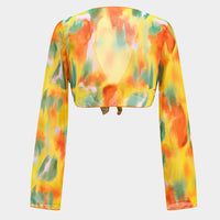 Watercolor Print Chiffon Tie Front Long Sleeve Top And Wide Leg Pants Set