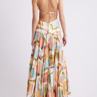 Unique Abstract Print Open Back Pleated Maxi Dress