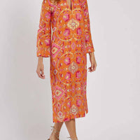 Stand Collar Printed Midi Dress
