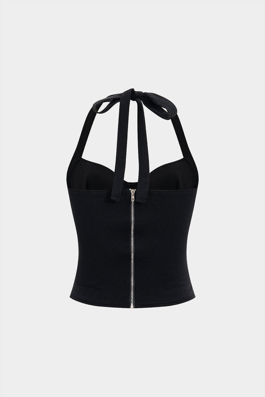 Halter Neck Tie-Up Ruched Zipper Cami Top