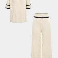 Knit Contrast Binding Lapel Short-Sleeve Top And Wide Leg Pants Set