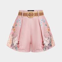 Floral Print Belted Wide Leg Shorts
