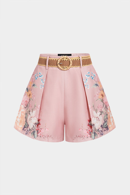 Floral Print Belted Wide Leg Shorts