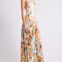 Unique Abstract Print Open Back Pleated Maxi Dress