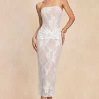 Lace Trim Ruched Strapless Maxi Dress