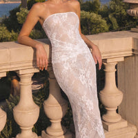 Lace Trim Ruched Strapless Maxi Dress