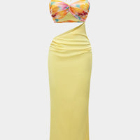 Ombre Print Chiffon Satin Sleeveless Halter Neck Slip Patchwork Maxi Dress