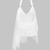 Mesh Halter V-Neck Asymmetrical Backless Ruched Cami Top