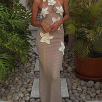 3D Flower Decor Halter Neck Bodycon Crochet Maxi Dresses