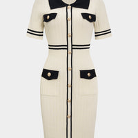 Knit Contrast Lapel Button Short Sleeve Dress