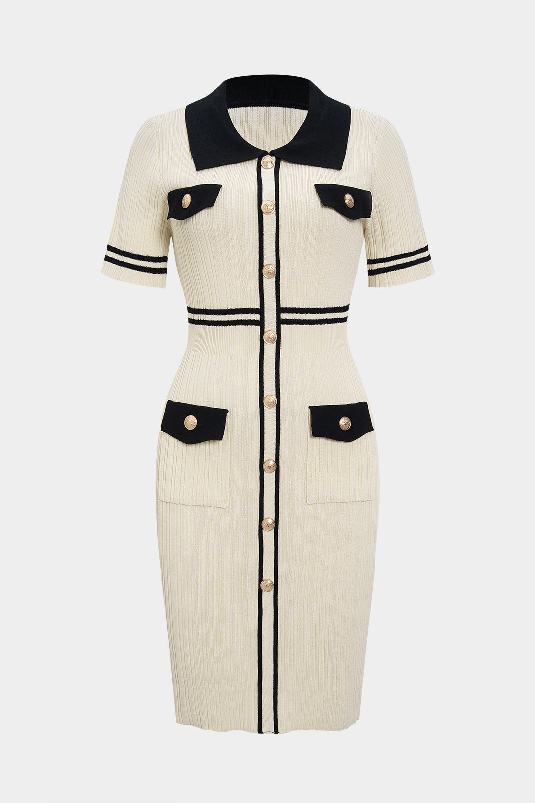 Knit Contrast Lapel Button Short Sleeve Dress